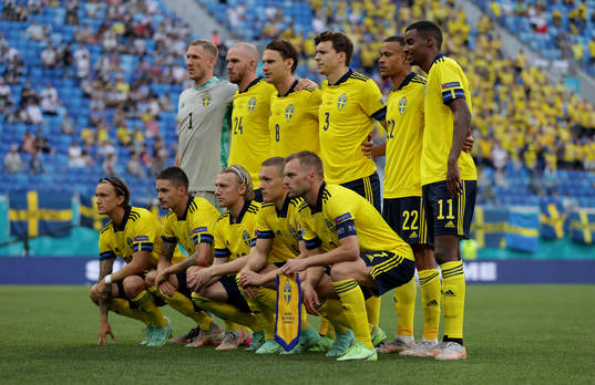 In this handout photo from UEFA the Swedish starting eleven
