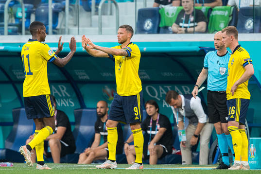 Marcus Berg change with Alexander Isak of Sweden