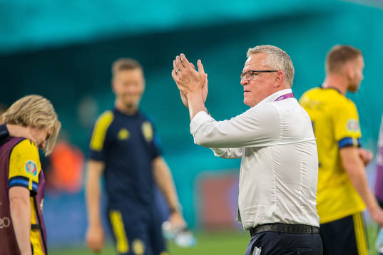Head coach Janne Andersson of Sweden celebrates