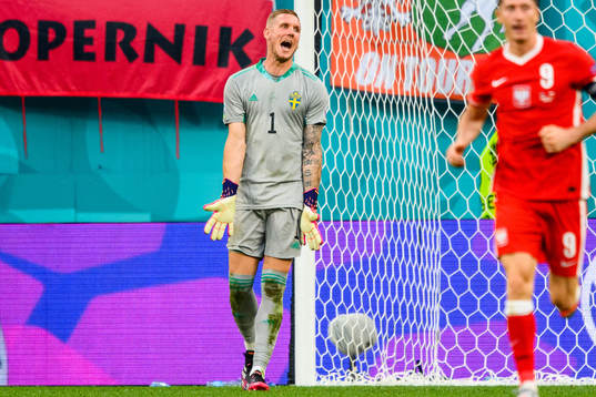 Goalkeeper Robin Olsen of Sweden reacts
