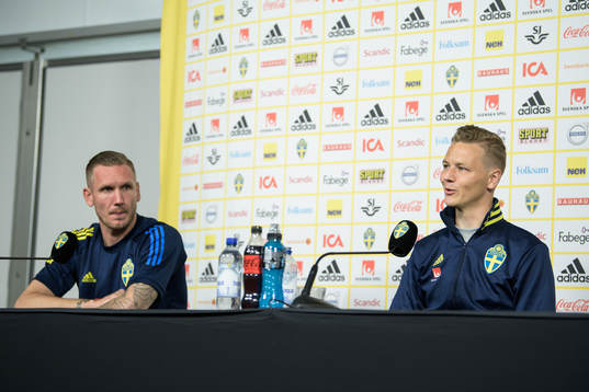 Robin Olsen and goalkeeper coach Maths Elfvendal of the