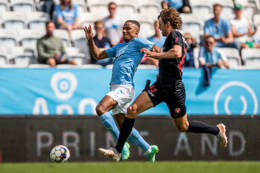 Malmö FFs Amin Sarr och Midtjyllands Gustav Isaksen