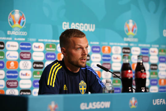 In this handout picture provided by UEFA, Sebastian Larsson