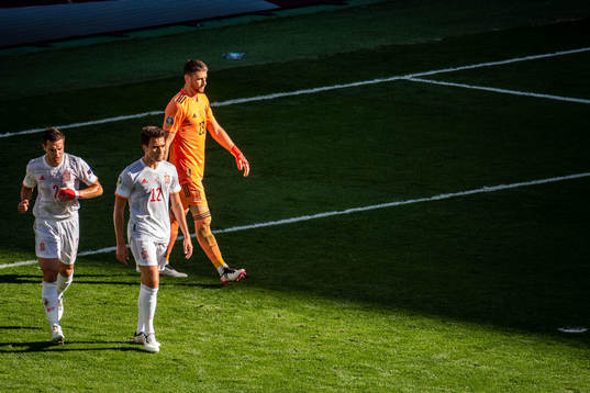Cesar Azpilicueta, Eric Garcia and goalkeeper Unai Simon of