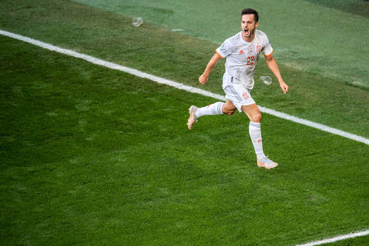 Pablo Sarabia of Spain celebrates scoring 1-1