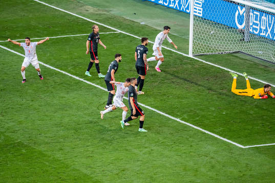 Koke Koke and Pablo Sarabia of Spain celebrates scoring 1-1