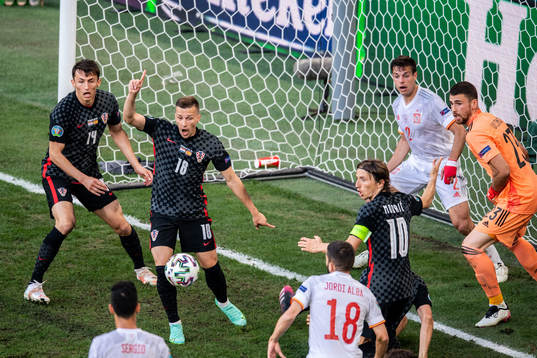 Ante Budimir, Misalv Orsic and Luka Modric of Croatia