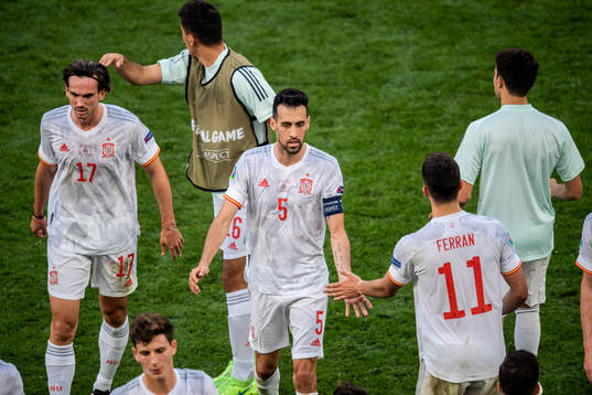 Fabian Ruiz and Sergio Busquets of Spain looks dejected