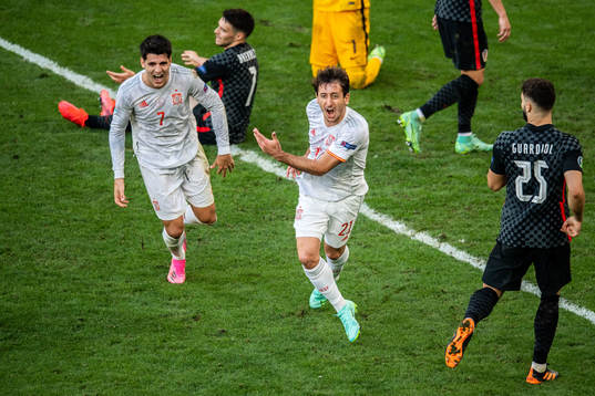 Alvaro Morata and Mikel Oyarzabal of Spain celebrates