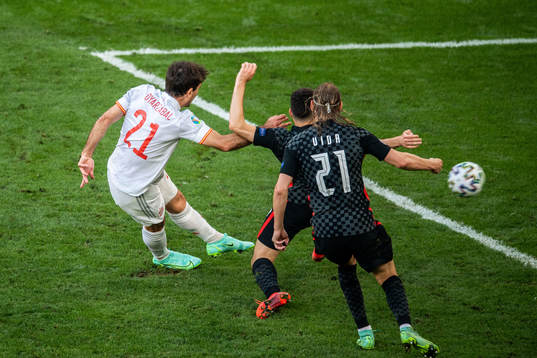 Mikel Oyarzabal of Spain scores 3-5
