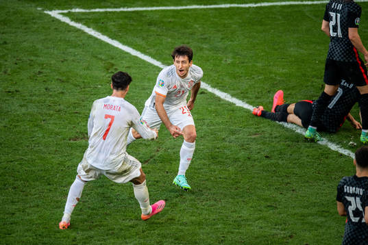 Mikel Oyarzabal of Spain celebrates scoring 3-5