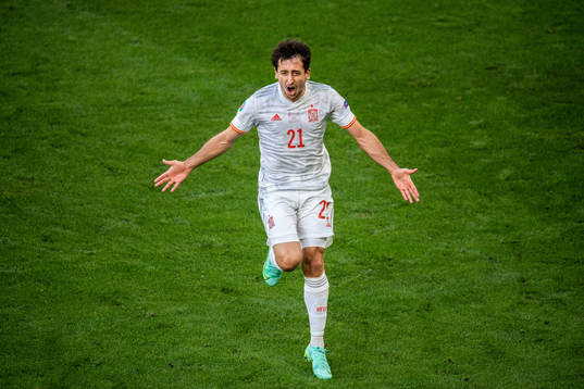 Mikel Oyarzabal of Spain celebrates scoring 3-5