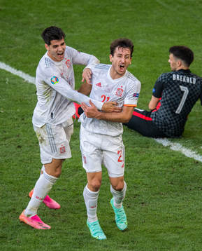 Alvaro Morata and Mikel Oyarzabal of Spain celebrate the