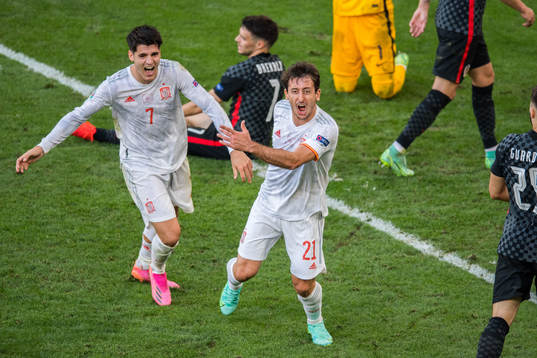 Alvaro Morata and Mikel Oyarzabal of Spain celebrate the