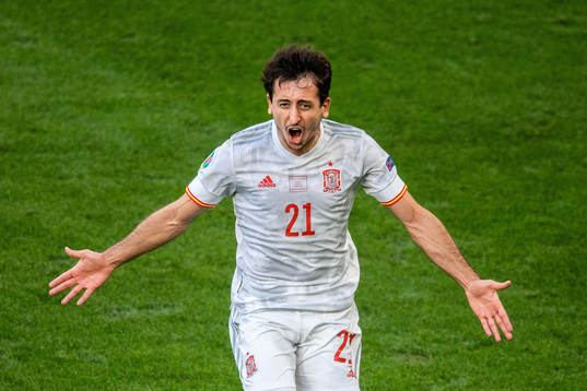 Mikel Oyarzabal of Spain celebrates scoring 3-5