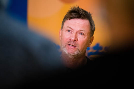 Peter Gerhardsson, head coach, is interviewed by the media