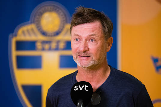 Peter Gerhardsson, head coach, is interviewed by the media