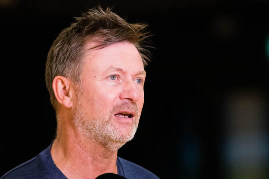 Peter Gerhardsson, head coach, is interviewed by the media