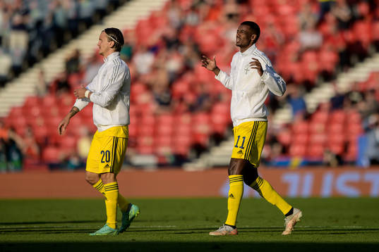 Kristoffer Olsson and Alexander Isak of Sweden