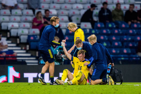 Emil Krafth of Sweden is injured