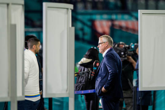 head coach Janne Andersson of Sweden interviewed by media