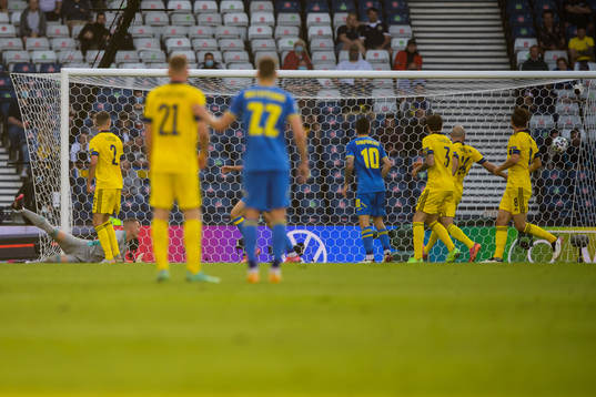 Goalkeeper Robin Olsen of Sweden lets in the 0-1 goal