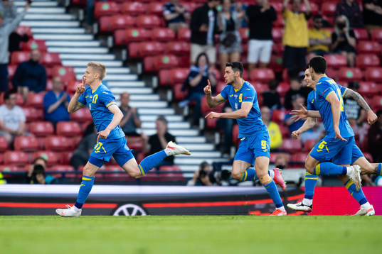 Oleksandr Zinchenko of Ukraine celebrates scoring 0-1
