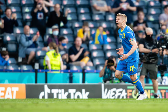Oleksandr Zinchenko of Ukraine celebrates scoring 0-1