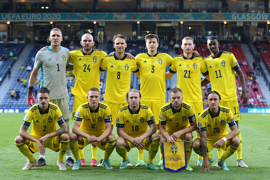 In this handout photo provided by UEFA players of Sweden