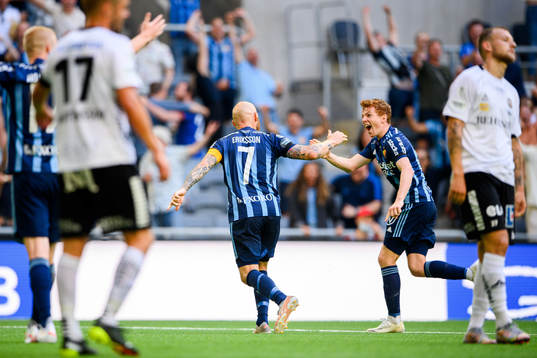 Djurgårdens Magnus Eriksson och Aslak Witry jublar