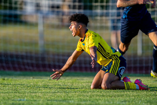Ängelholms Othmane Salama reagerar på ett domslut