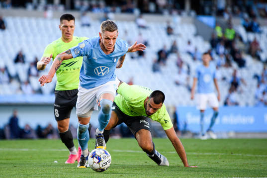 Sören Rieks of Malmö FF against Milos Vranjanin of Riga
