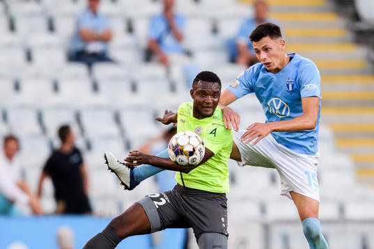 Mbomo Kule of Riga and Anel Ahmedhodzic of Malmö FF