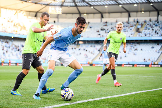 Armands Petersons of Riga and Adi Nalic of Malmö FF