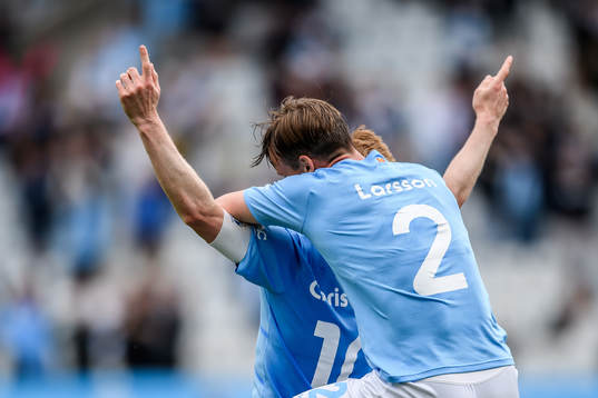 Malmö FFs Anders Christiansen jublar med Eric Larsson