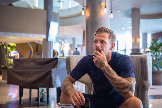 Goalkeeper Johan Dahlin of Malmö FF is being interviewed