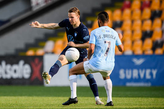 Oscar Lewicki of Malmö FF and Felipe Brisola of Riga
