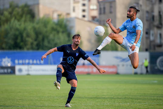 Eric Larsson of Malmö FF and Felipe Brisola of Riga