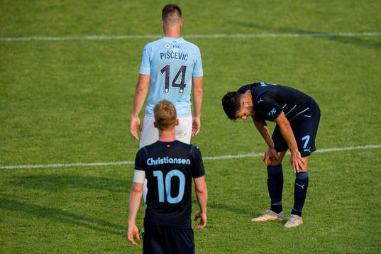 Erdal Rakip of Malmö FF looks dejected