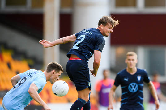 Ritvars Rugins of Riga and Eric Larsson of Malmö FF