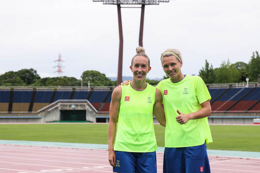 Julia Roddar and and goalkeeper Jennifer Falk of the