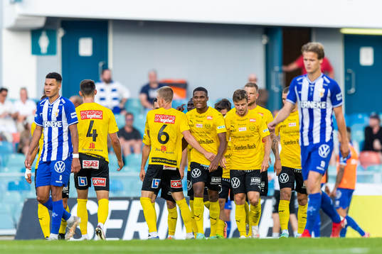 Mjällbys Neftali Benedic Manzambi jublar med lagkamrater