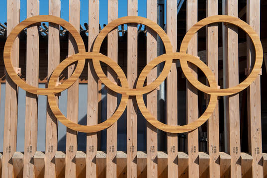 The Olympic Rings outside the Olympic Village