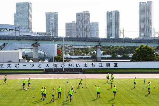 The Swedish national women's football team at a training