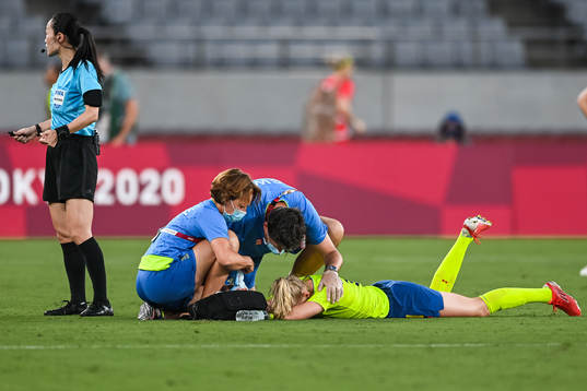 Stina Blackstenius of Sweden receives medical treatment