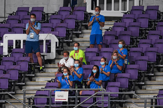 Substitutes of Sweden celebrate in the stands