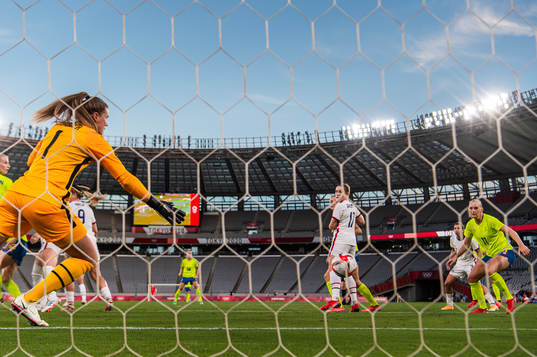 Stina Blackstenius of Sweden scores the 2-0 goal behind