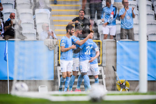Antonio Colak and Bonke Innocent of Malmö FF celebrate