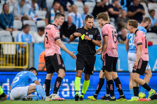 Anel Ahmedhodzic of Malmö FF is shown a yellow card by