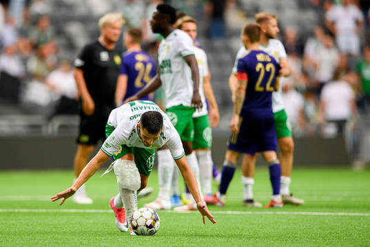 Astrit Selmani of Hammarby celebrates his hattrick